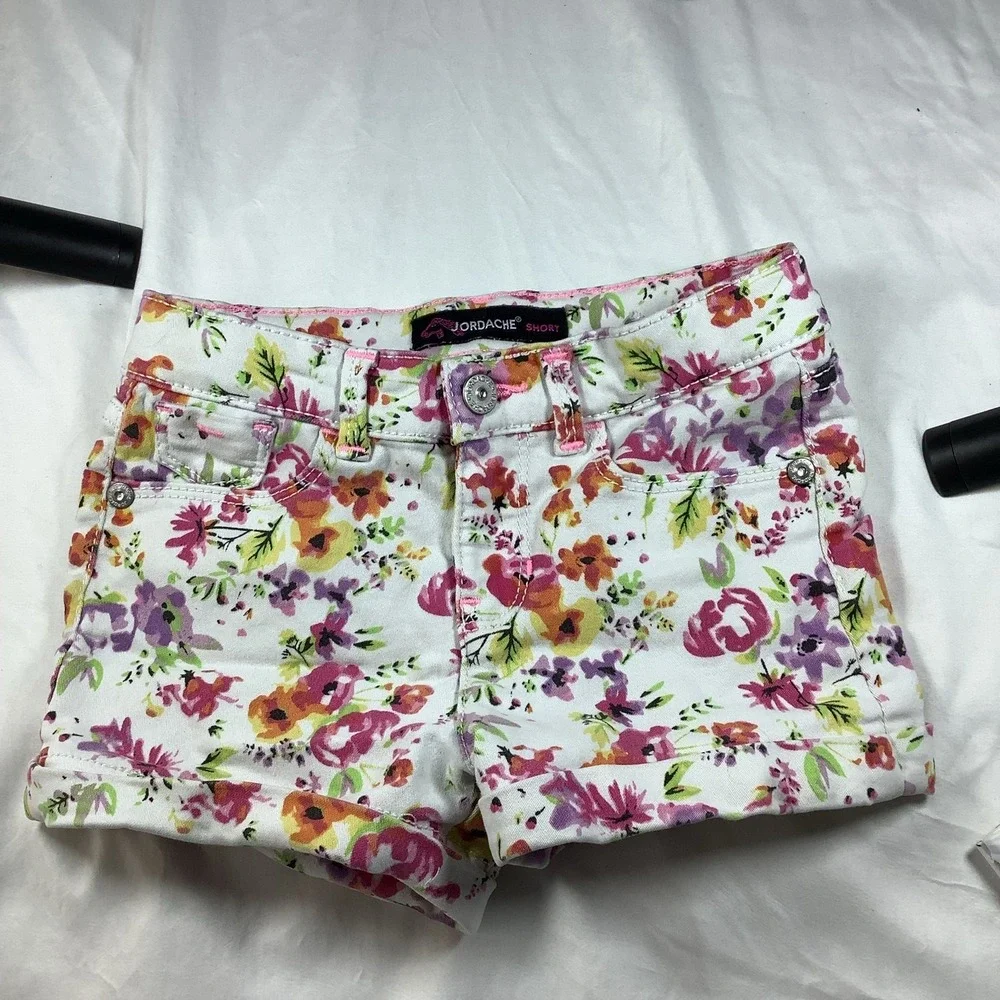 Jordache Girls Floral Denim Cuffed‎ Shorts White Multi Color